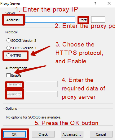 Proxy IP'sini, bağlantı noktasını girin.  HTTPS protokolünü ve Etkinleştir'i seçin.  Proxy sunucusunun gerekli verilerini girin.